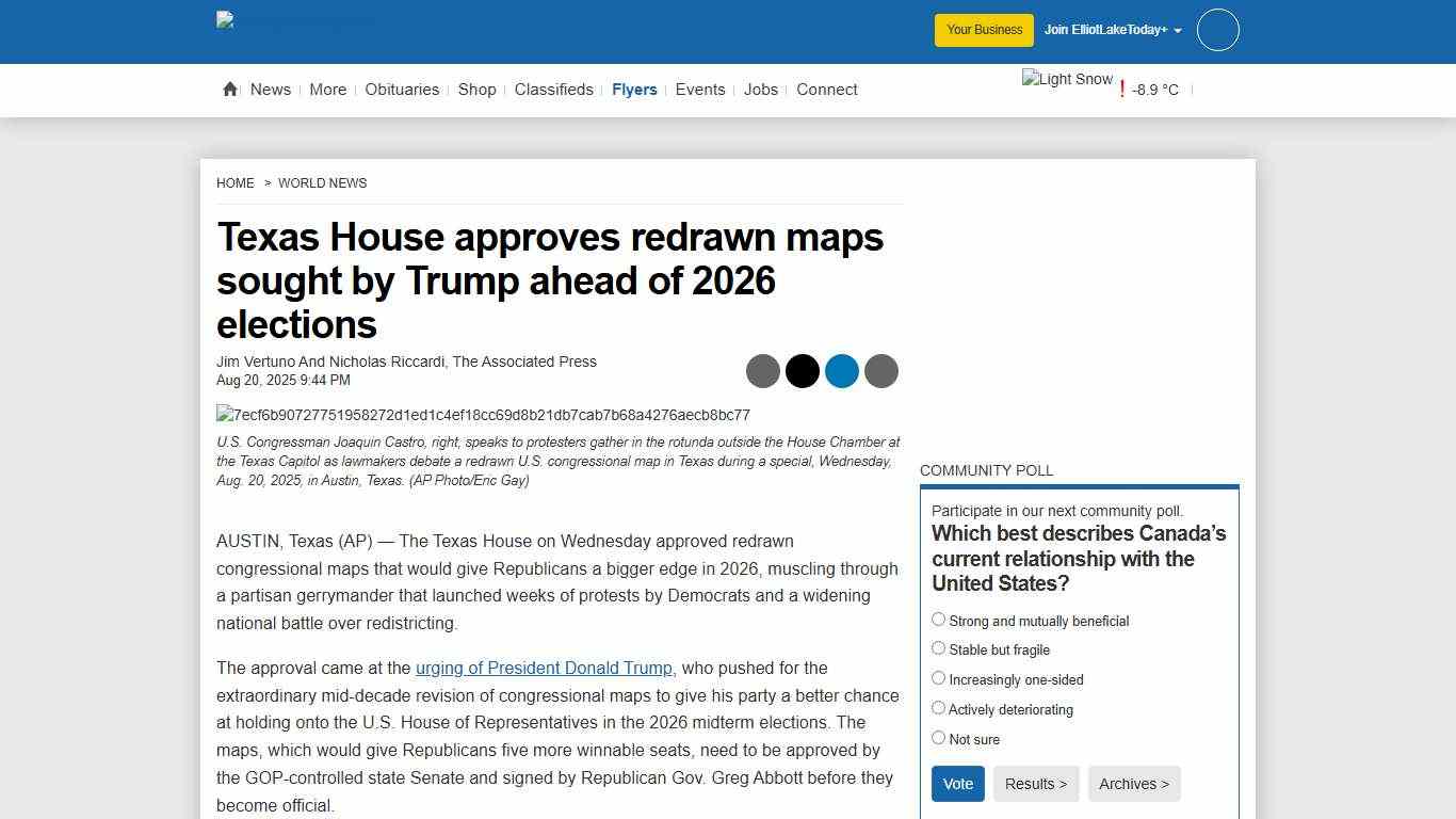Texas House approves redrawn maps sought by Trump ahead of 2026 elections - Elliot Lake News